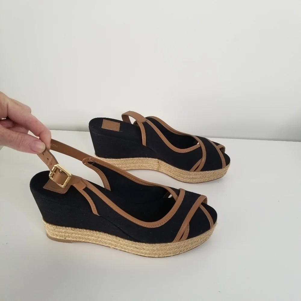 Tory Burch Majorca Peep Toe Sling Back Espadrille Wedges Size 9.5 Black/Tan